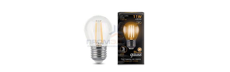 Лампа Gauss Filament Шар 11W 720lm 2700К Е27 LED 1/10/50